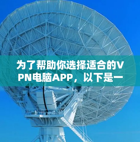 为了帮助你选择适合的VPN电脑APP，以下是一些推荐，基于你的使用习惯和需求